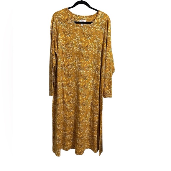 Denim&Co Yellow Floral Paisley Harvest Gold  Midi Dress Size 1X Lagenlook Fall - Picture 2 of 8